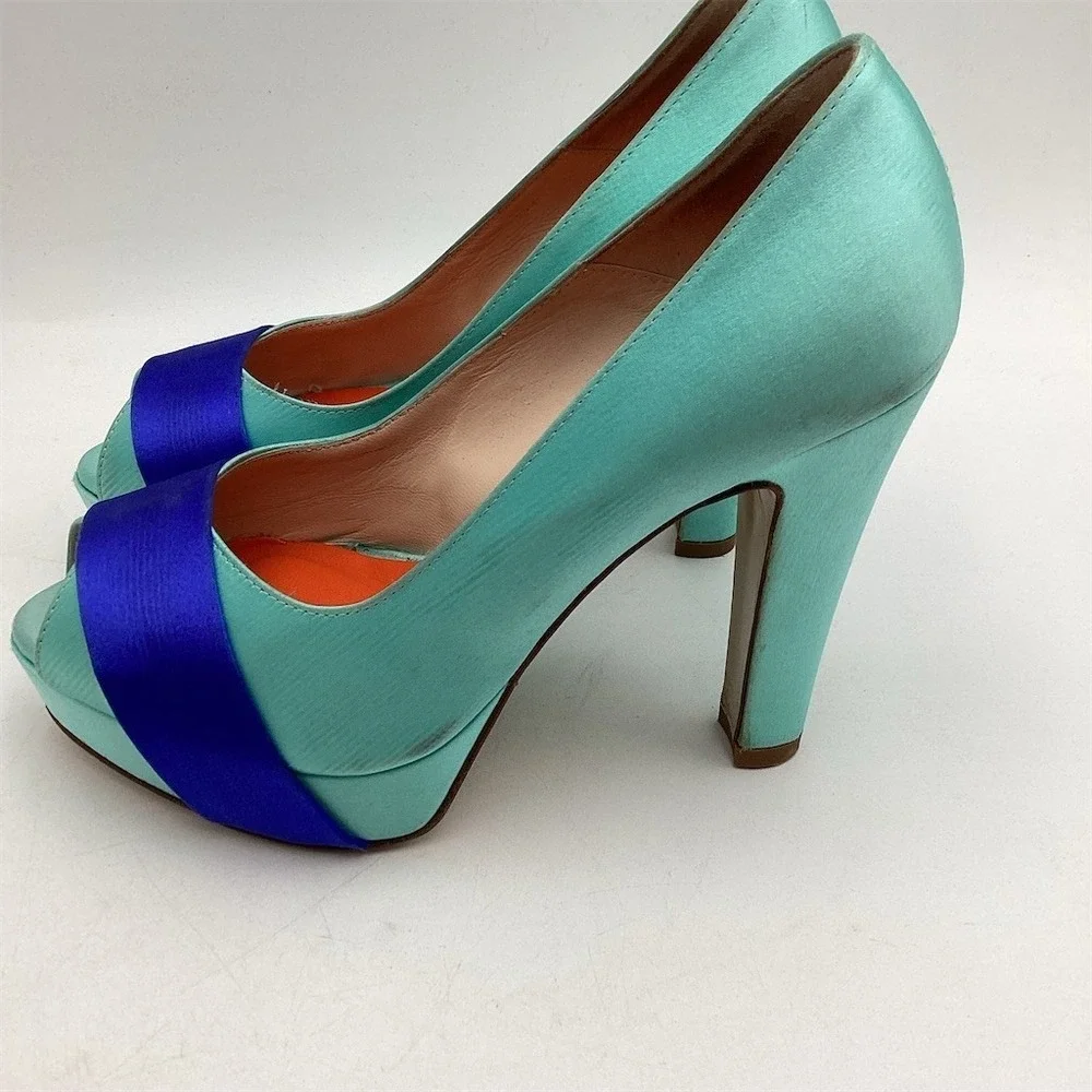 D.LACQUANIT Platform Peep Toe Pumps‎ Womens US 5 Teal Blue Colorblock Heel